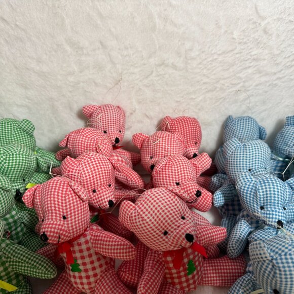Set Of 24 Vintage Gingham Christmas Teddy Bear Ornaments Ribbon Bow & Embroidery - Picture 6 of 9